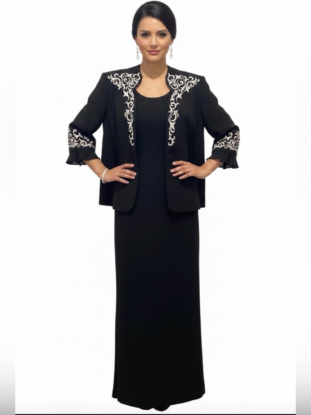 Black Maxi Skirt Set with White Embroidered Jacket